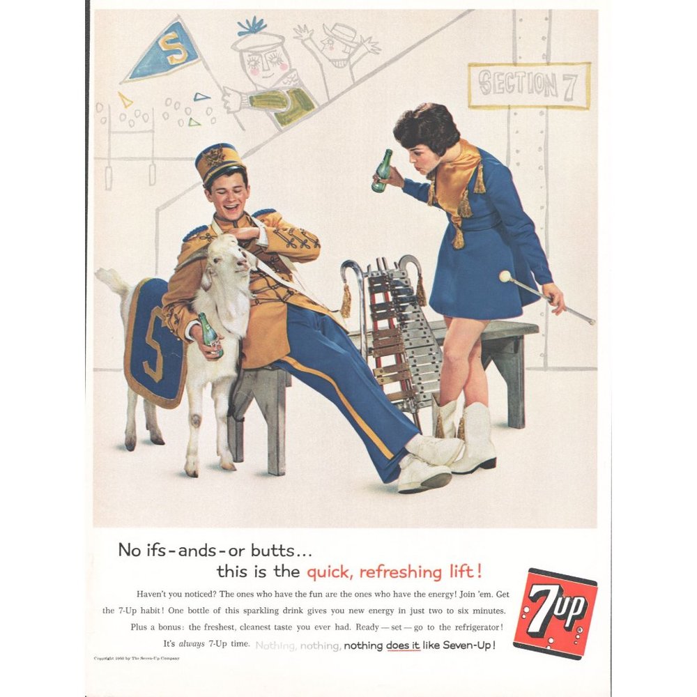 1970 7-Up Soda Pop Vintage Print Ad College Marching Band Goat Mascot Wall Art